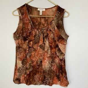 Orange Brown Ruffle Front Glitter Floral Leopard Mixed Print Forest Fairy Top S